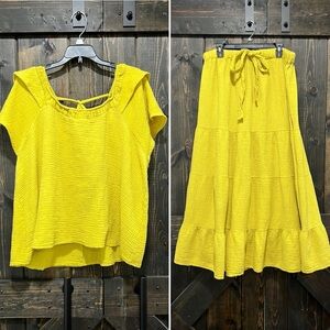 Ashley Stewart Maxi Set 18 20 Yellow Skirt Gauzy Flutter Boho Matching Stretch
